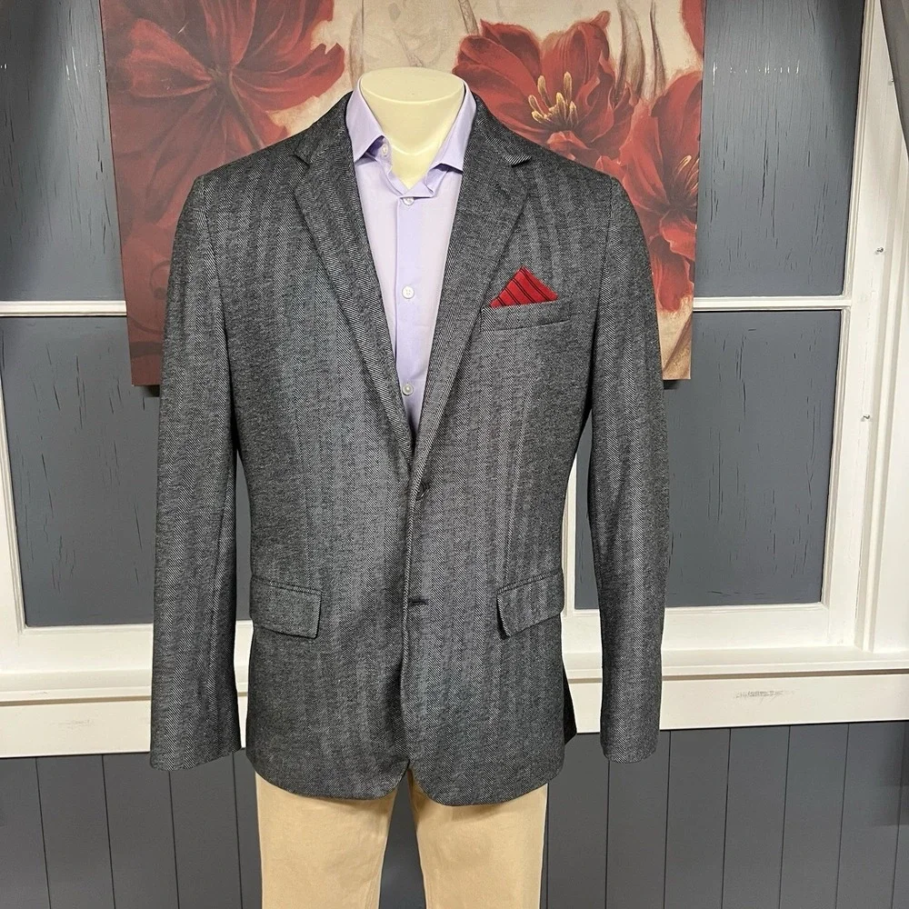 Banana‎ Republic Soft Knit Blazer Sport Coat Mens 44R Slim Fit Herringbone Gray